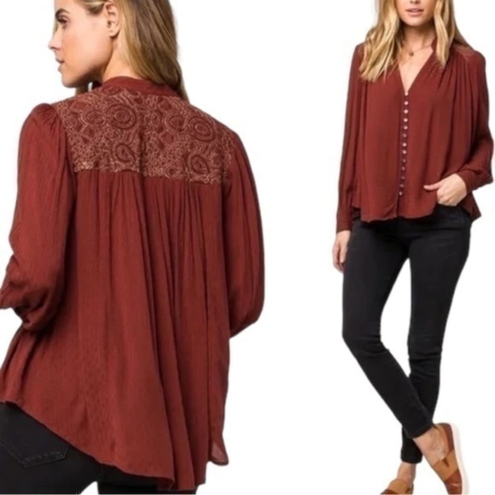 Free People Women’s Size XS Red Embroidered Canyon Rose Button Up Shirt